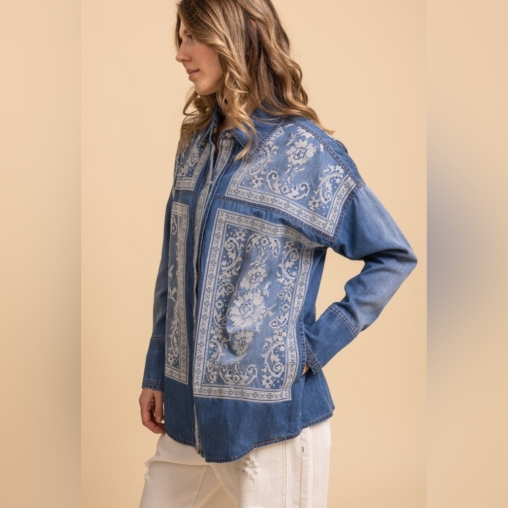 Bluevelvet Cross-stitch Denim Blue Patterned pearl snap Button Down Shirt - Picture 2 of 3